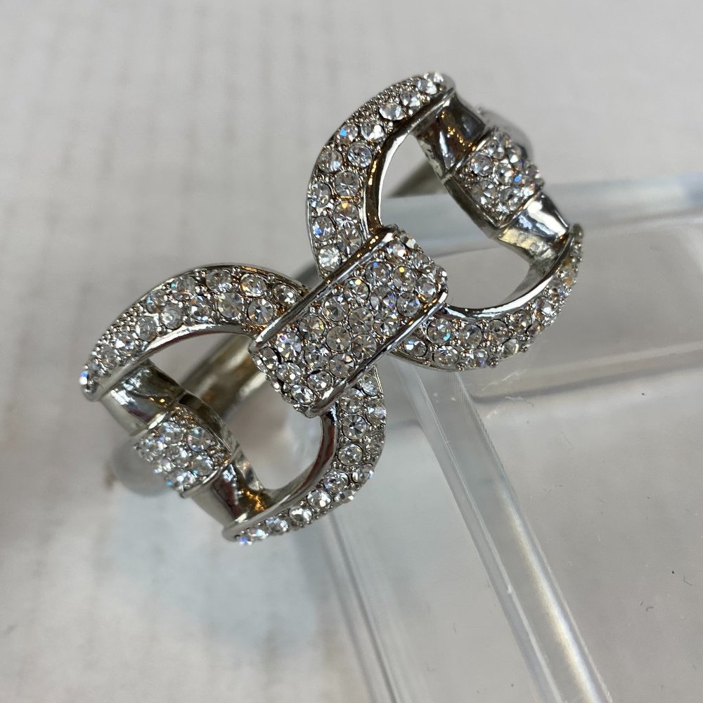 Gorgeous Rhinestone Encrusted Silver Hinged Stirrup Style Bracelet Bangle New